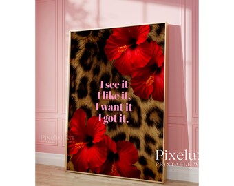 Leopard Print Quote Poster | Red Floral Glam Wall Art | Chic Printable Fashion Decor, Luxury Glam Printable Poster | Girly Bedroom Wall Art, image 4