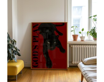 God’s Plan Panther Poster | Black Cat Wall Art, Collage Apartment Print, Y2k Fashion Print, Bold Red Minimalist Printable, Masculine Decor, image 3