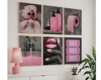 Pink Glam Bathroom Poster Set of 6 | Sparkly Lips, Bathtub, Makeup, Toilet Roll & Shower Karaoke Prints for Glam Bathroom Wall Decor, image 3