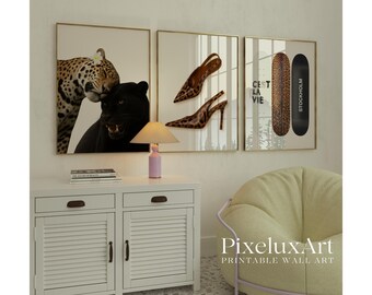 Retro Leopard Panther Wall Art Set of 3 - Y2K Stockholm Style Printable Decor, Aesthetic Fashion Skateboard & Leopad Heels Poster, image 1