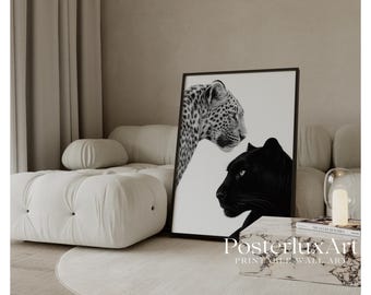 Black Panther & Leopard Wall Art | Minimal Animal Print | Modern Wildlife Decor | Black and White Scandinavian Poster, image 1