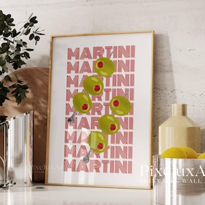 Wydruk artystyczny „Cocktail Olive”, dekoracja ścienna wózka barowego Martini, minimalistyczny plakat koktajlowy, sztuka ścienna do napojów, wydruk kuchenny na Happy Hour Vibes