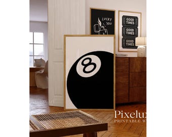 Black and White Lucky Wall Art Set of 6 - Game Room Decor, Retro 8 Ball, Ace Card, Cherry Ball Prints, Aesthetic Chic, Stylish Fashion Print, image 4