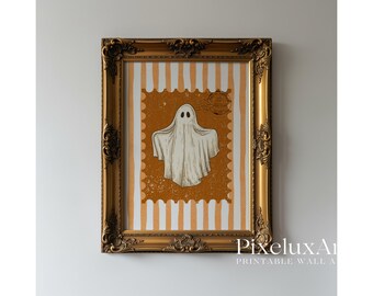 Vintage Ghost Wall Art – Spooky Halloween Printable with Striped Background, Rustic Haunted Postage Stamp Style Ghost Decor Print, image 1