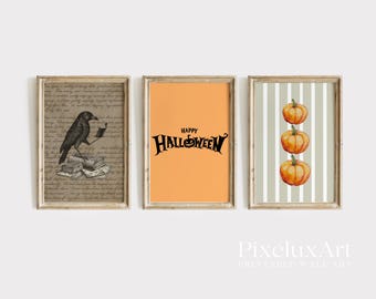 Halloween Wall Art Set of 6 – Vintage Spooky Prints with Crow, Pumpkin Skeleton, Witches Laundry, October 31, Pumpkins, Fall Decor, image 3