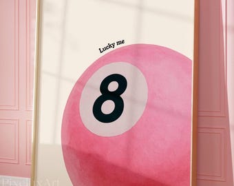 Lucky 8 Ball Print, Pool Ball Print, Vintage Game Room Decor, Luck Wall Art, Pink Billiards Print, Pool Print, Retro Art, Funky Vintage Art, image 3