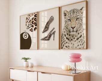 Leopard Wall Art Set, Cheetah Fashion Poster Set of 3, Animal Print Heels & 8 Ball Decor, Modern Glam Printable Gallery Wall, image 6
