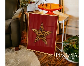 Retro Leopard Star Wall Art, Vintage Leopard Print, Red Star Girl Poster, Funky Y2K Aesthetic Print, Cheetah Girly Wall Art, image 4