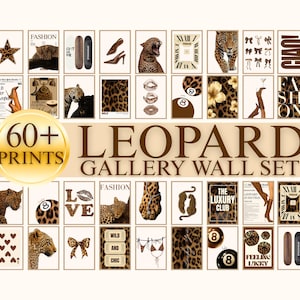 May include: A collection of over 60 wall art prints featuring leopard patterns, fashion-themed imagery, clocks, billiard balls, and text such as "60+ PRINTS LEOPARD GALLERY WALL SET," "FASHION," "CIAO!," "LOVE," "WILD AND CHIC," and "THE LUXURY CLUB."