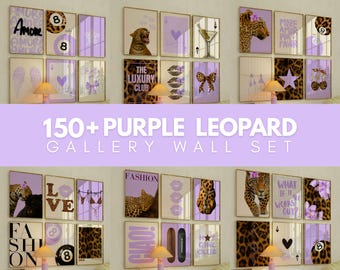 150+ Purple Leopard Wall Art Set, Preppy Room Decor, Y2K Aesthetic Prints, Trendy Gallery Wall Bundle, Coquette Poster, Baddie Room Art, image 1
