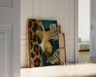 Woman with Money Wall Art | Y2K Glam Poster | Leopard Aesthetic Print, High Fashion Empowered Woman Art, Rich Girl Decor | Baddie Wall Print, image 5