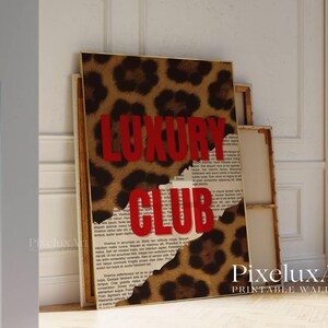 May include: A framed print with a leopard print design and the words "LUXURY CLUB" in red. The print is layered over a background of text. The artwork is leaning against a white wall.