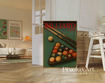 Retro Billiards Print, Retro Pool Hall Wall Art, Vintage Billiards Print, Game Room Decor, Green Pool Ball Print, 8 Ball Room Print, image 3