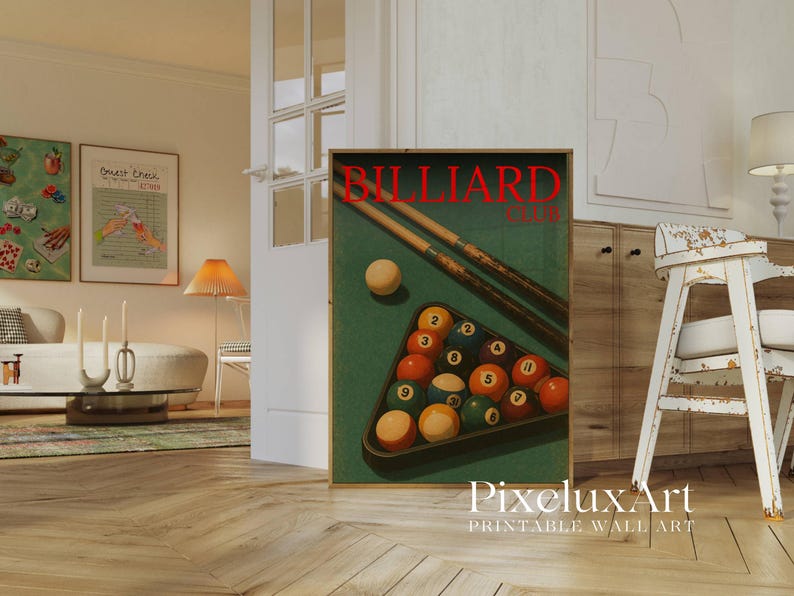 Retro Billiards Print, Retro Pool Hall Wall Art, Vintage Billiards ...
