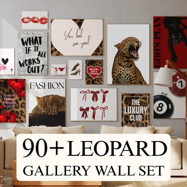 Conjunto de mais de 90 pôsteres de leopardo estilo anos 2000 para parede | Arte moderna e maximalista para imprimir | Estética glamourosa com estampa de oncinha | Decoração de parede descolada e chique para apartamentos
