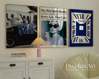 Retro Black and Navy Blue Gallery Wall Art, Set of 6 Aesthetic Chic Apartment Decor, Trendy Fashion Collage Print, Stylish Y2K Wall Art, image 4