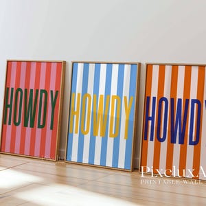 Set of 3 Howdy Prints, Striped Howdy Wall Art, Western Typography Poster Set, Retro Cowboy Decor, Colorful Country Wall Art, Western Prints