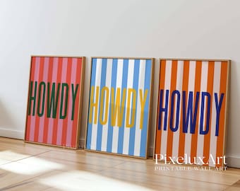 Set of 3 Howdy Prints, Striped Howdy Wall Art, Western Typography Poster Set, Retro Cowboy Decor, Colorful Country Wall Art, Western Prints
