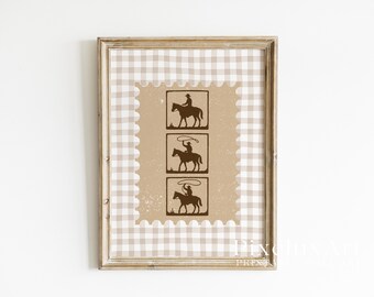 Western Cowboy Stamp Art – Ranch Rodeo Wall Decor, Country Gingham Print, Cowboy Riding Silhouette, Neutral Rustic Nursery & Home Art, image 4
