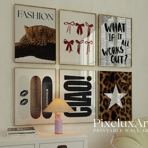 May include: A collection of framed wall art with various designs. One features a leopard, another has red bows, and a third displays the text "WHAT IF IT ALL WORKS OUT?". Other prints include skateboards, the word "CIAO!", and a leopard print with a star.