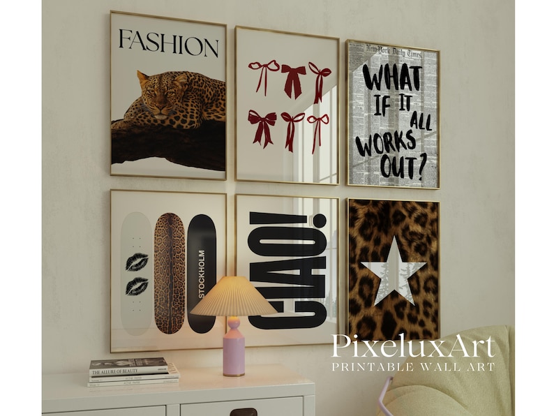 May include: A collection of framed wall art with various designs. One features a leopard, another has red bows, and a third displays the text "WHAT IF IT ALL WORKS OUT?". Other prints include skateboards, the word "CIAO!", and a leopard print with a star.