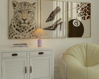 Leopard Wall Art Set, Cheetah Fashion Poster Set of 3, Animal Print Heels & 8 Ball Decor, Modern Glam Printable Gallery Wall, image 1