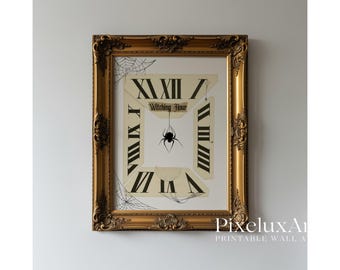 Witching Hour Clock Halloween Wall Art – Vintage Spooky Printable, Gothic Spider Web Decor, Haunted Midnight Printable Sign, image 1