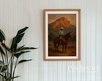 Vintage Western Cowboy Oil Painting Print – Moody Antique Wall Art, Earth Tone Southwestern Decor, Printable Mid Century Western Art, image 5