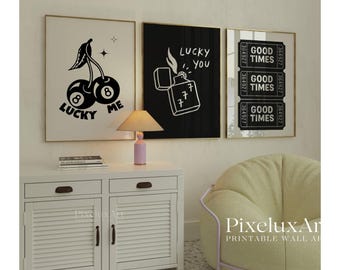 Black and White Lucky Wall Art Set of 6 - Game Room Decor, Retro 8 Ball, Ace Card, Cherry Ball Prints, Aesthetic Chic, Stylish Fashion Print, image 5