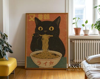 Vintage Cat Eating Ramen Poster, Noodle Illustration Art, Ramen Lover Gift, Quirky Cat Kitchen Decor, Japanese Decor, Gift for Noodle Lover, image 4