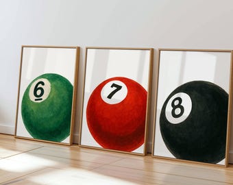 Set of 3 Hand Draw Pool Ball Print, 6, 7, 8 Ball Prints, Retro Game Room Print, Funky Vintage Print, Lucky Poster, Trendy 8 Ball Print, image 7