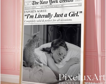 Trendy Newspaper Print, Girly Retro Wall Art, Just a Girl Quote Poster, Dorm Room & Bathroom Decor, Retro Newspaper Poster,  Trendy Wall Art, image 1