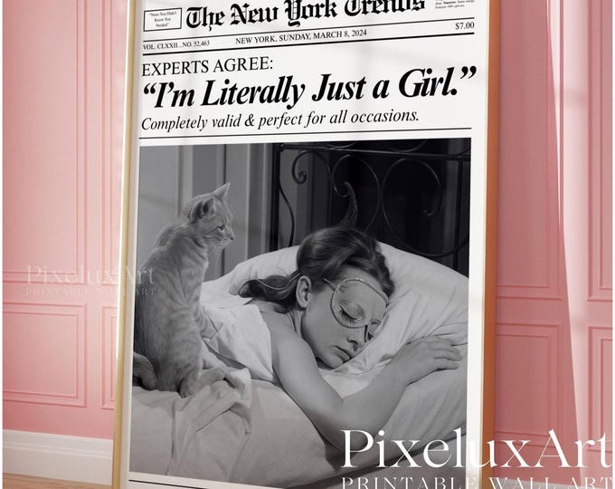 Trendy Newspaper Print, Girly Retro Wall Art, Just a Girl…