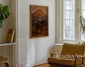 Vintage Western Cowboy Oil Painting Print – Moody Antique Wall Art, Earth Tone Southwestern Decor, Printable Mid Century Western Art, image 4