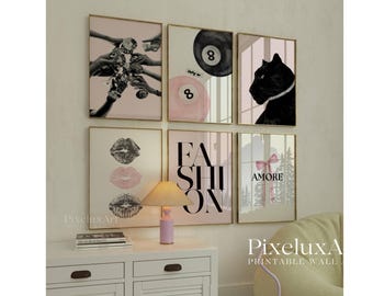 Stockholm Collage Pink, Fashion Girly Wall Art, Pink and Black Gallery Wall Set of 6, Preppy Room Decor, Coquette Poster Bundle, Y2K, image 1