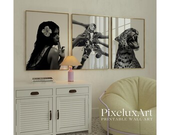 Stockholm Style Wall Art Set, Black and White Fashion Poster Trio, Leopard Woman Print Bundle, Scandinavian Modern Decor, image 3