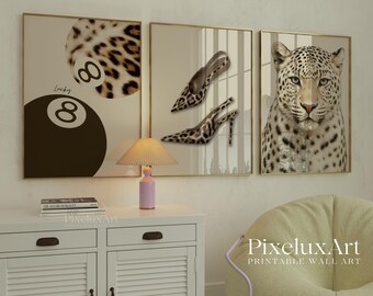Leopard Wall Art Set, Cheetah Fashion Poster Set of 3, Animal Print Heels & 8 Ball Decor, Modern Glam Printable Gallery Wall, image 4