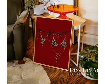 Trendy Leopard Bikini Wall Print, Coastal Wall Art, Red Bikini Print, Red Girly Wall Art, Boho Wall Art, Beach Print, Summer House Poster, image 4