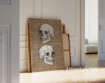 Vintage Skull Wall Art – Gothic Dark Academia Printable with Antique Script Background, Spooky Halloween Skeleton Head Decor Print, image 4
