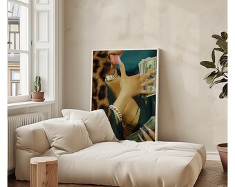 Woman with Money Wall Art | Y2K Glam Poster | Leopard Aesthetic Print, High Fashion Empowered Woman Art, Rich Girl Decor | Baddie Wall Print, image 4