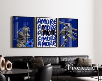 Navy Blue Poster Set, Leopard Wall Art, Amore Typography Prints, Blue Aesthetic Gallery Wall, Lips & Ace of Hearts Art, Fashion Chic Decor, image 5