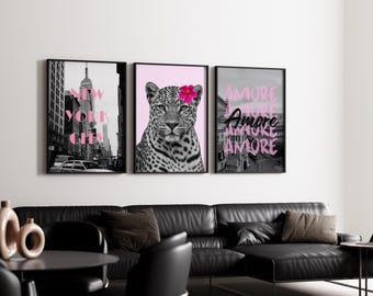 Pink Black Gallery Wall Set, Collage Apartment Print, Pink Gray Y2k Fashion Print, Preppy Stylish & Cool Girl Aesthetic Art for Dorm Room, image 7