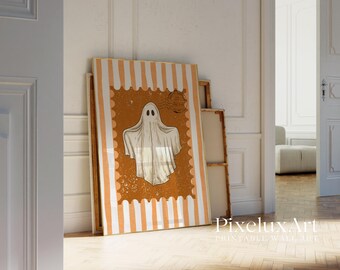 Vintage Ghost Wall Art – Spooky Halloween Printable with Striped Background, Rustic Haunted Postage Stamp Style Ghost Decor Print, image 4