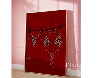 Trendy Leopard Bikini Wall Print, Coastal Wall Art, Red Bikini Print, Red Girly Wall Art, Boho Wall Art, Beach Print, Summer House Poster, image 6