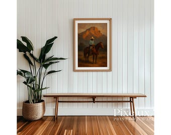 Vintage Western Cowboy Oil Painting Print – Moody Antique Wall Art, Earth Tone Southwestern Decor, Printable Mid Century Western Art, image 3