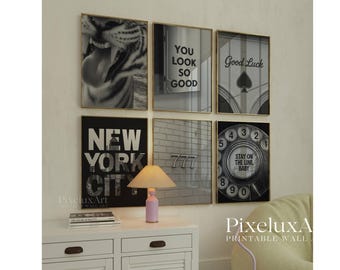 Set of 6 Trendy Black and White Gallery Wall Art, Aesthetic Chic Apartment Decor, Trendy Leopard, Modern Gallery Print, Stylish Y2K Wall Art, image 1
