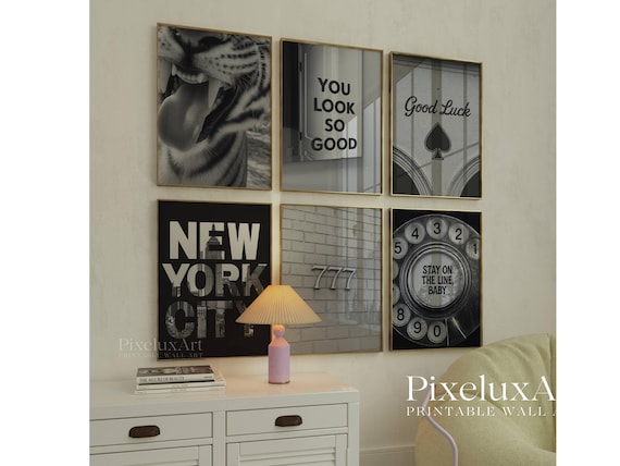 Set of 6 Trendy Black and White Gallery Wall Art