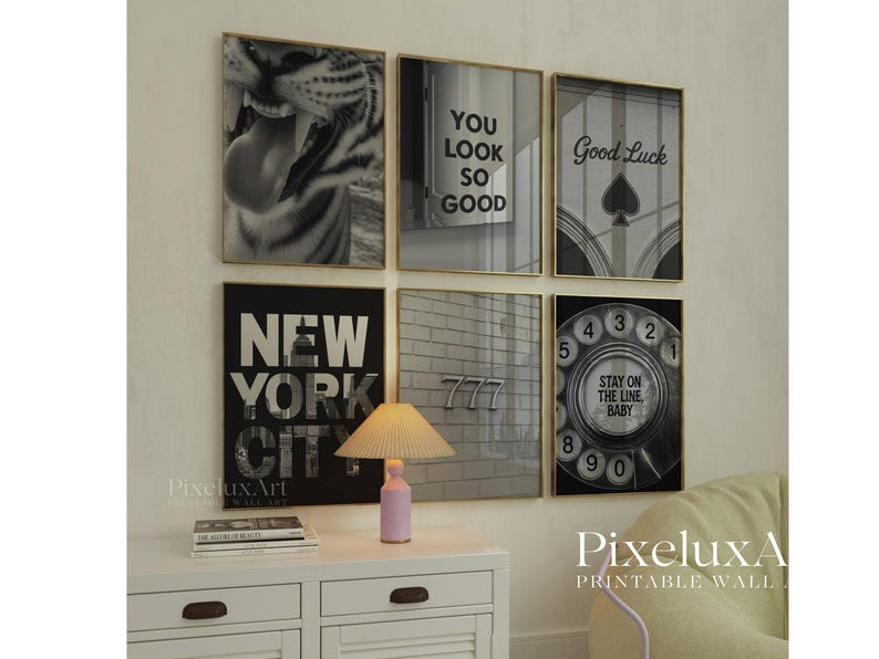 Set of 6 Trendy Black and White Gallery Wall Art