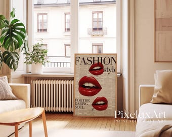 Fashion Newspaper Print, Red Lips Wall Art, Daring Soul Poster, Trendy Retro Wall Art, Girly Dorm Room & Vanity Decor, Printable Art, image 10