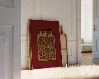 Retro Leopard Matchbox Art Print, Retro Wall Decor, Vintage Bar Cart Art, Funky Girly Print, Trendy Dorm Room Aesthetic Poster, Red Poster, image 4